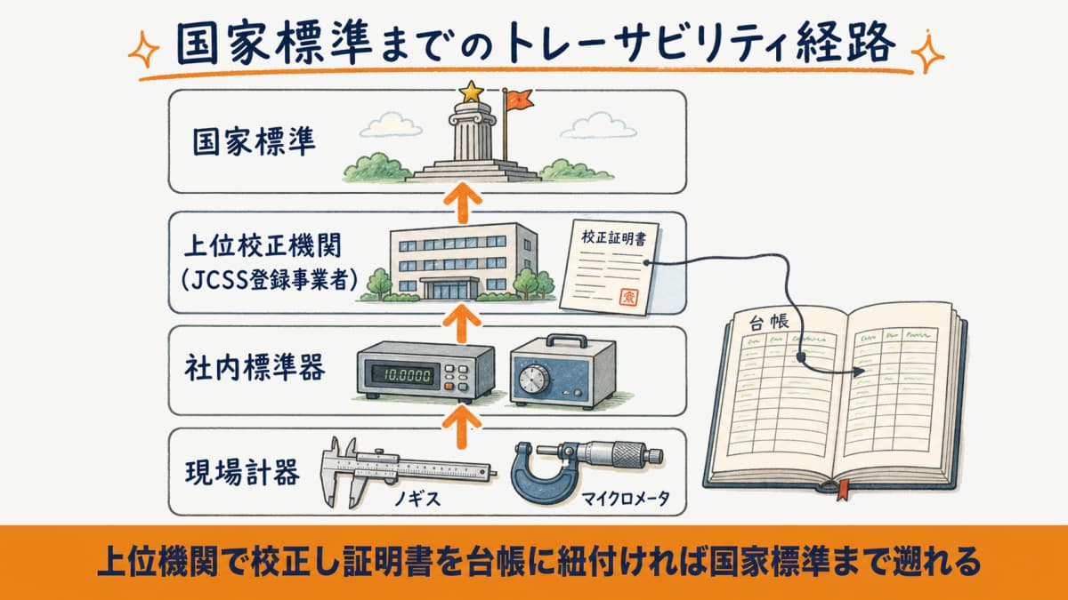 社内標準器から上位校正機関・国家標準へつながるトレーサビリティ経路を示した体系図の図解