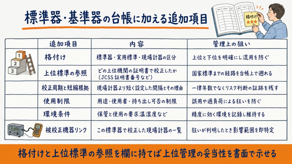 標準器・基準器の台帳に加える追加項目リストをまとめた表の図解