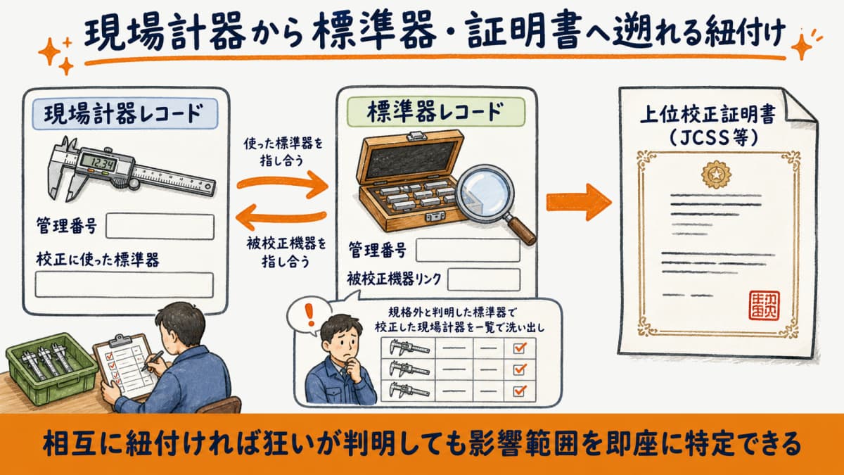 現場計器レコードから標準器レコード・上位校正証明書へ遡れる紐付け構造を示した関連図の図解