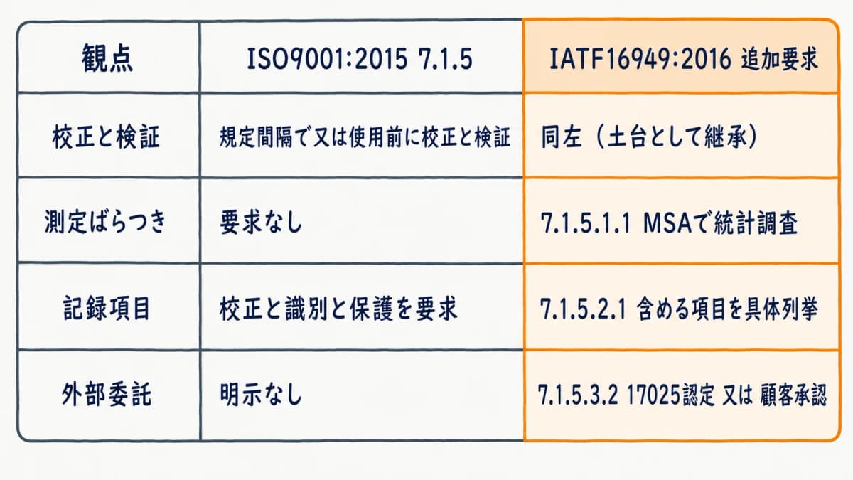 ISO9001 7.1.5とIATF16949の校正観点を逐条で対比した比較表