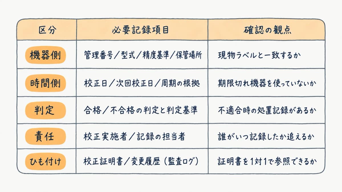 監査で通る校正記録の必要項目を機器側・時間側・ひも付け項目の3区分で整理した早見表チェックリスト