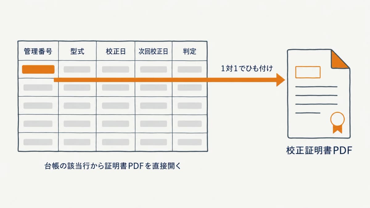機器の管理番号と校正証明書を1対1でひも付けた台帳の見本と、参照経路を示した図