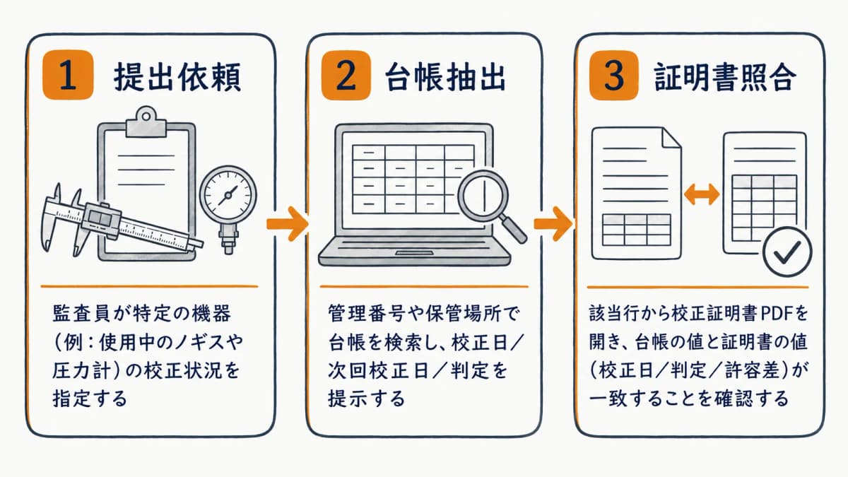 監査時の校正記録取り出しを提出依頼・台帳抽出・証明書照合の3ステップで示したフロー図