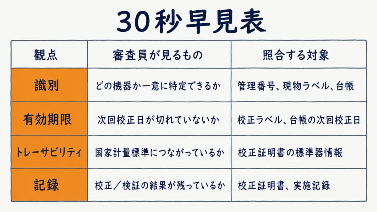 審査員が計測器で確認する識別・有効期限・トレーサビリティ・記録の4観点を示した30秒早見表