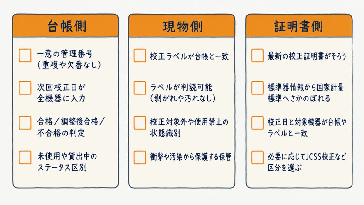 台帳・現物・証明書の3面から審査員確認4観点を点検する監査前セルフチェックリスト一覧