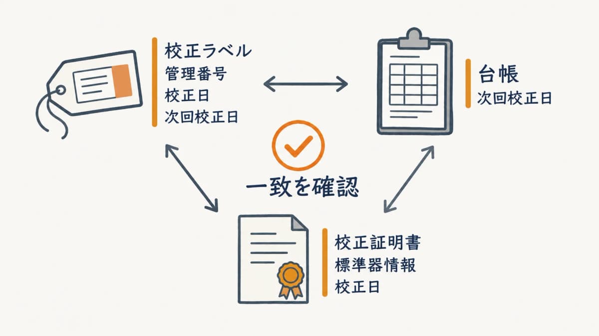 校正ラベルと台帳と校正証明書を突き合わせる三点照合のイメージ図
