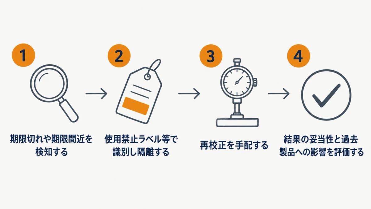 期限切れ機器を識別し隔離して再校正へ進める手順を示したフロー図