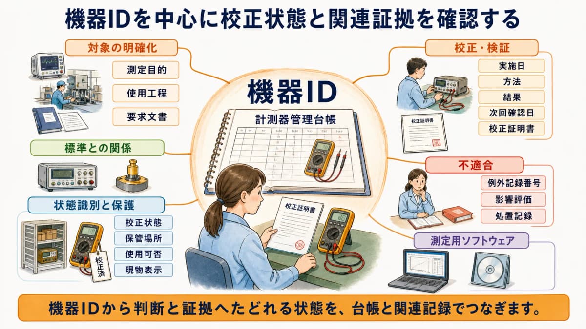 機器IDを中心に校正状態と関連証拠を確認する計測器管理台帳の図解