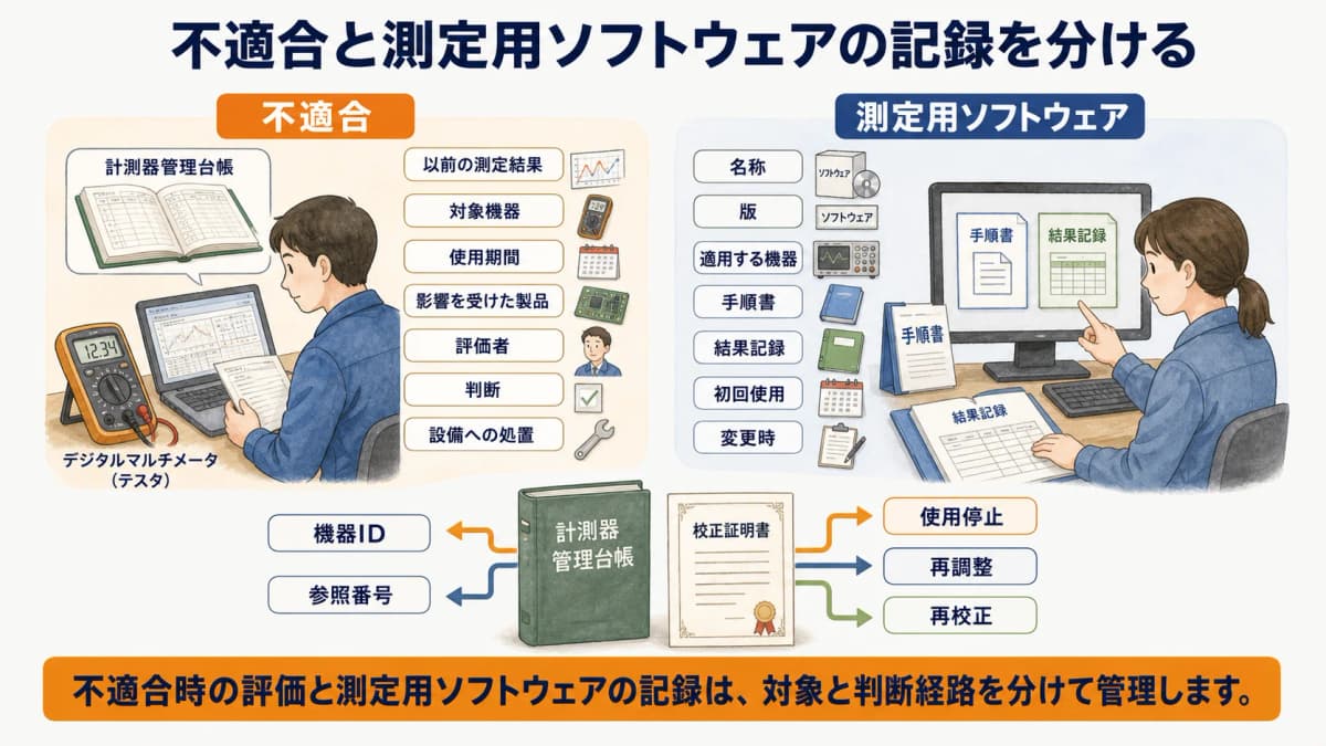 不適合の影響評価と測定用ソフトウェアの記録を分けて管理する図解