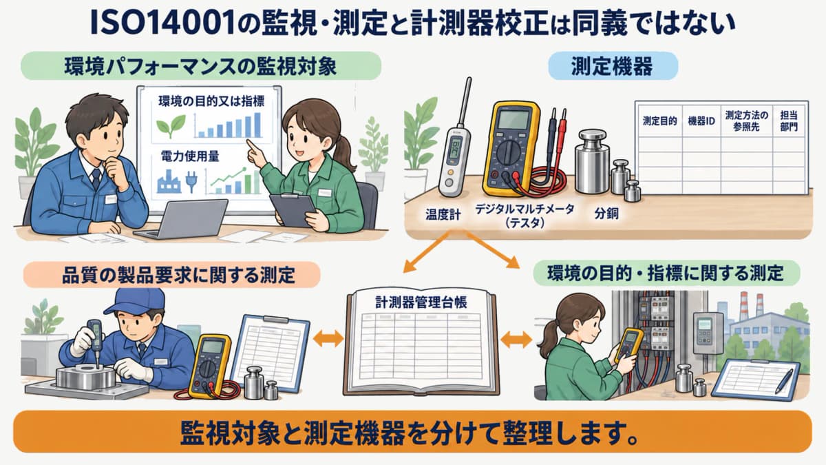 品質と環境の監視対象と温度計を分けて確認する品質保証部門の図解