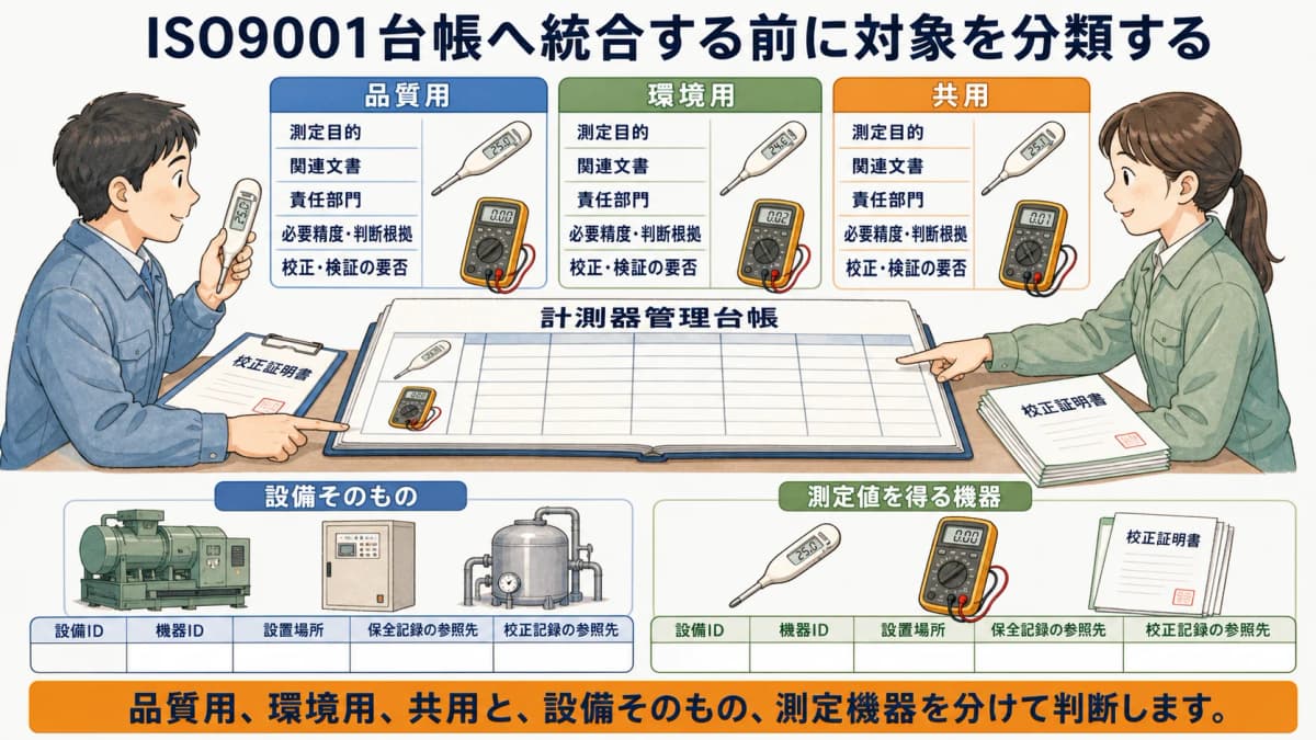 品質用と環境用と共用の温度計を3区分で分類する図解