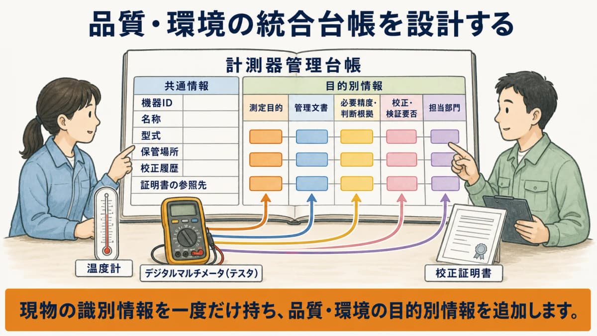 品質と環境の測定目的と管理部門を統合台帳へ整理する図解