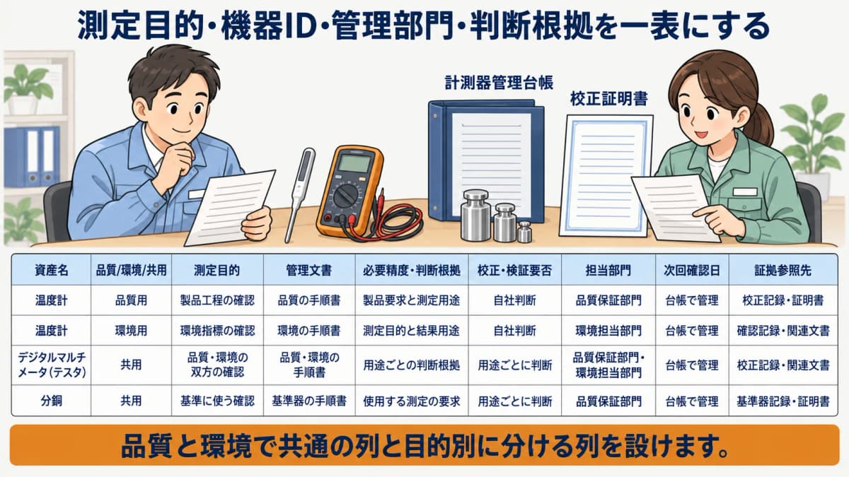 温度計の機器IDから品質と環境の関連記録へたどる統合台帳の図解