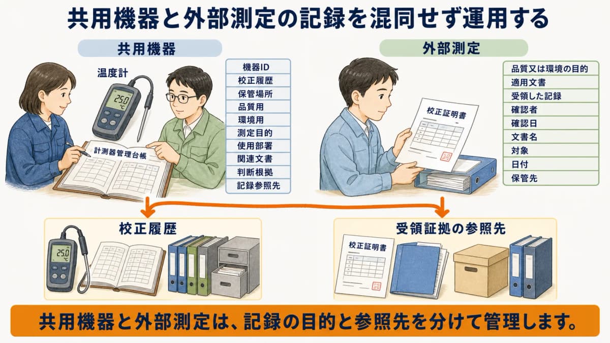 共用の温度計と外部測定の受領証拠を分けて記録する図解