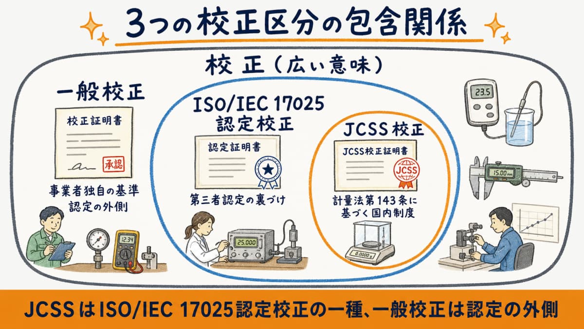 一般校正・ISO/IEC 17025認定校正・JCSSの包含関係を示したベン図の図解