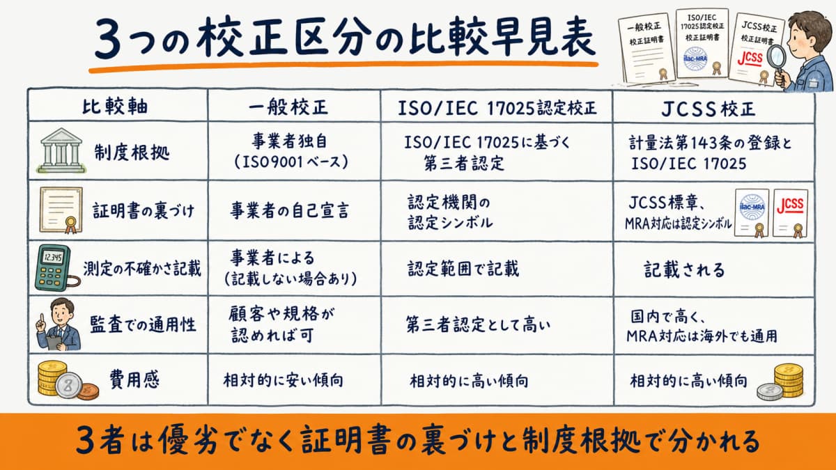 一般校正・ISO/IEC 17025認定校正・JCSS校正を制度根拠と証明書と監査通用性で比較した早見表の図解