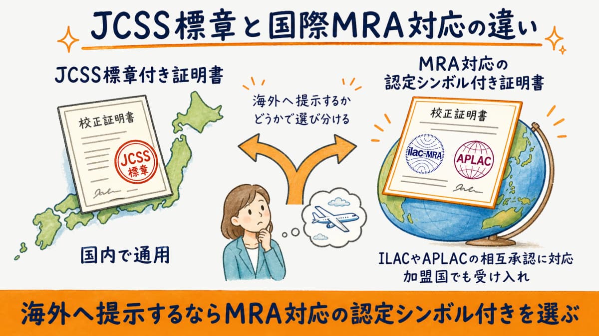 JCSS標章付き証明書は国内有効、MRA対応のJCSS認定シンボル付き証明書は海外通用という違いを示した図解