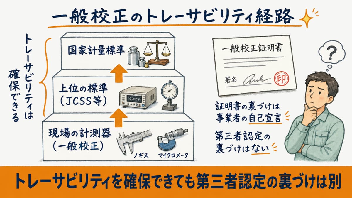 一般校正でも上位標準へトレーサブルに遡れるが第三者認定の裏づけはないことを示したトレーサビリティ経路の図解