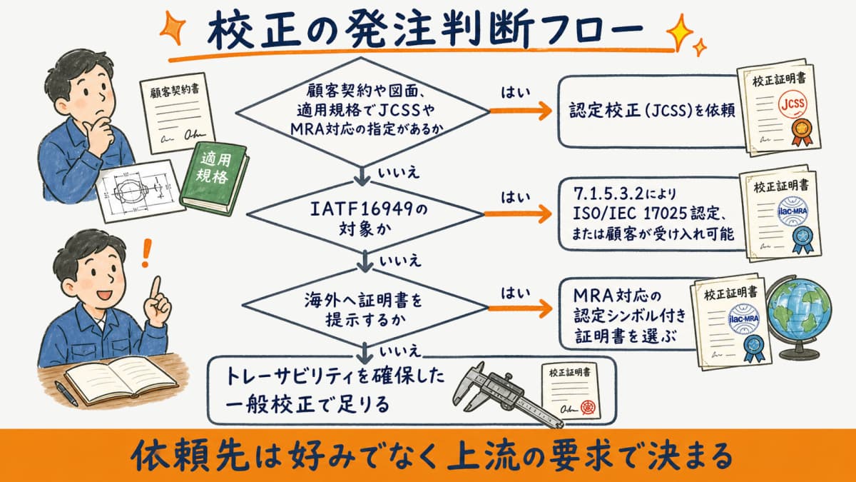 顧客要求・IATF16949・海外提示の有無から認定校正か一般校正かを分岐する発注判断フロー図の図解