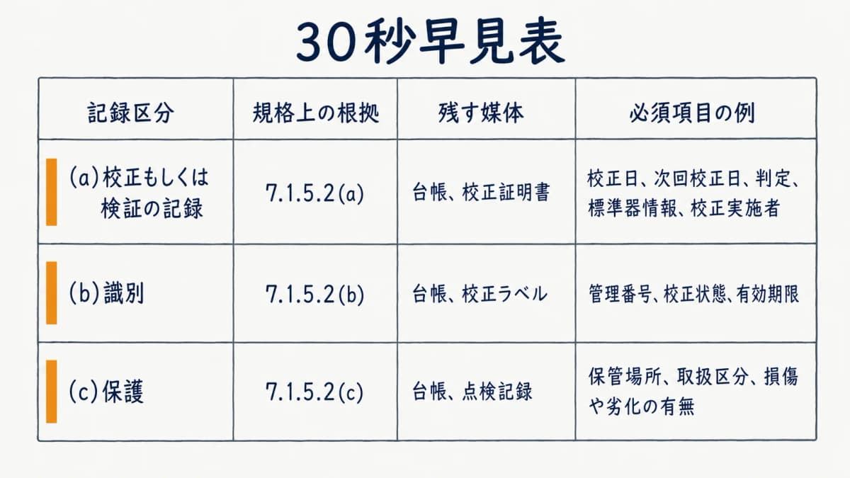 ISO9001 7.1.5の記録3区分と必須項目をまとめた30秒早見表の図解