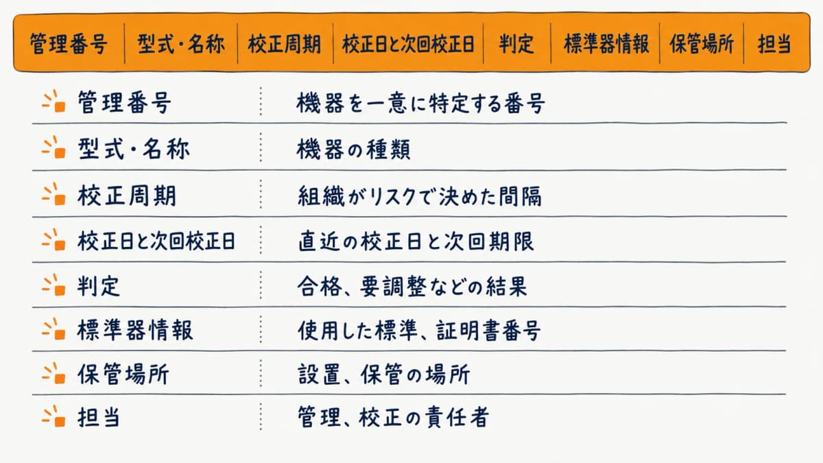 校正台帳の必須カラム見本を示した台帳イメージの図解