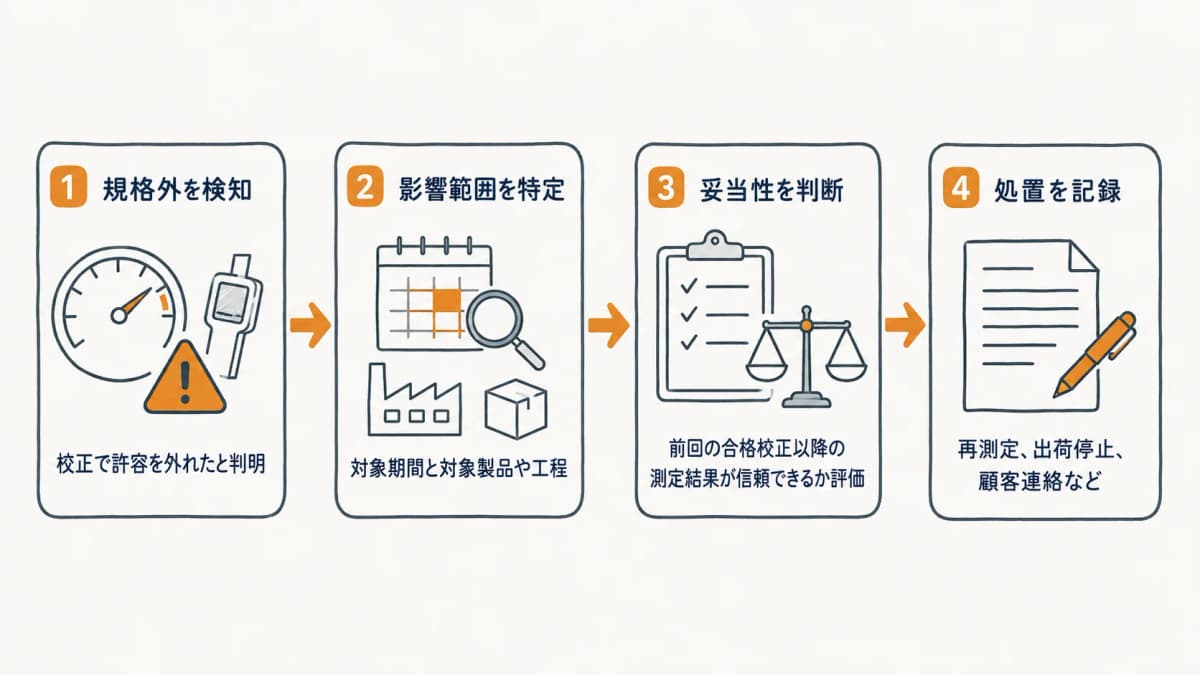 規格外読み値から遡及妥当性評価までの手順を示したフロー図の図解