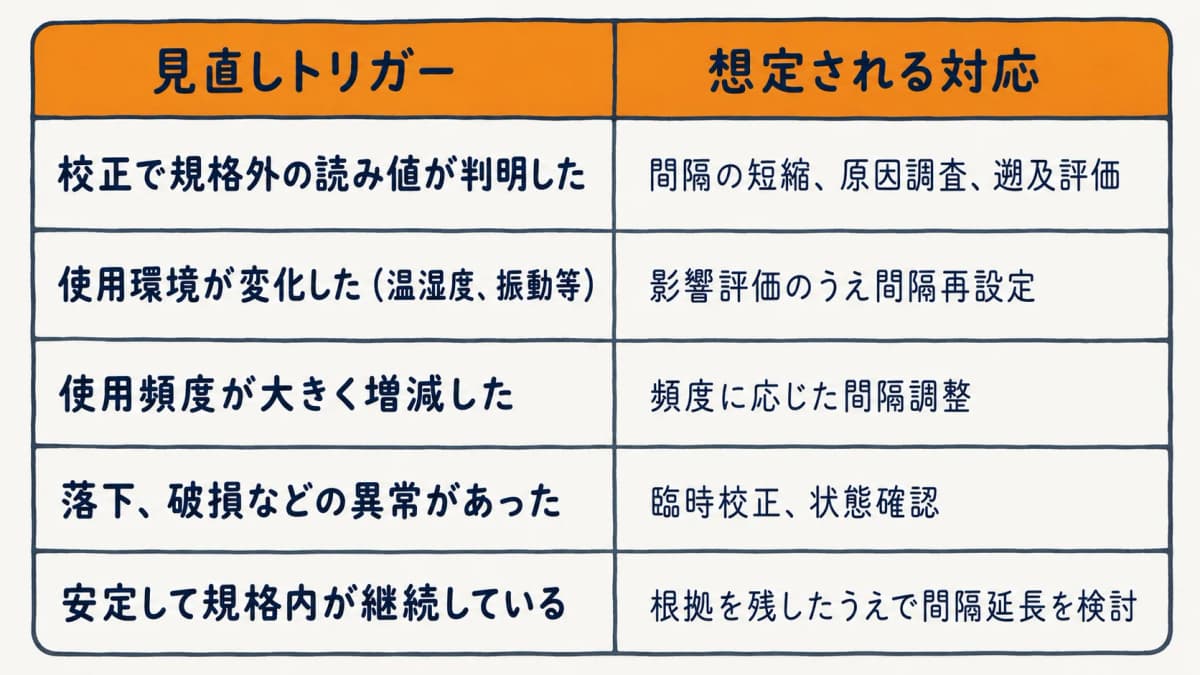校正周期の見直しトリガーを一覧化した早見表