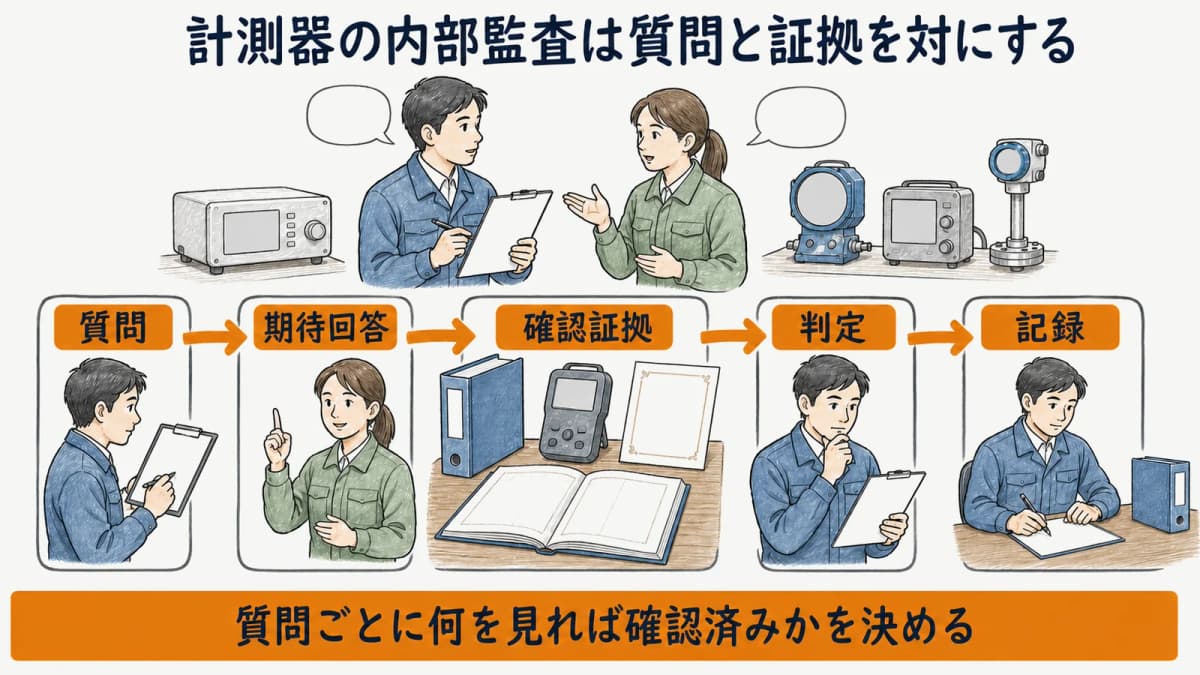 計測器の内部監査で質問と確認証拠を対応させる関係図