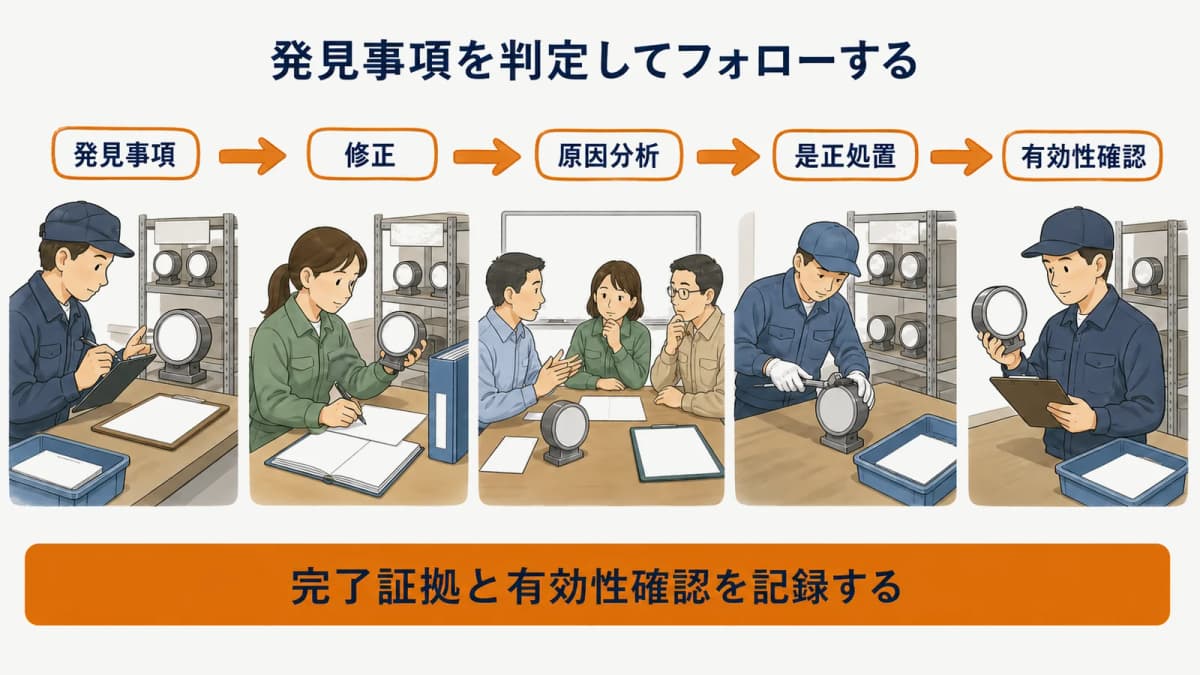 計測器内部監査の発見事項から是正と有効性確認までの図