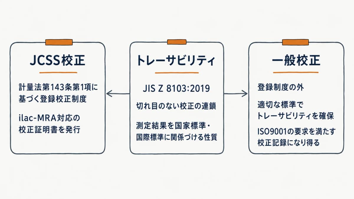 JCSS校正・一般校正・トレーサビリティの用語関係を示す早見図