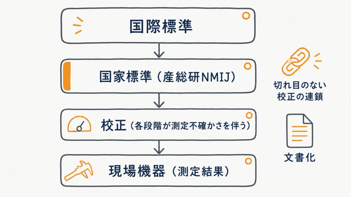 国際標準・国家標準から現場機器まで切れ目なく連鎖するトレーサビリティの階層図