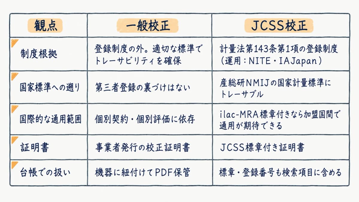 一般校正とJCSS校正の制度根拠・通用範囲・証明書を対比した違い対応表