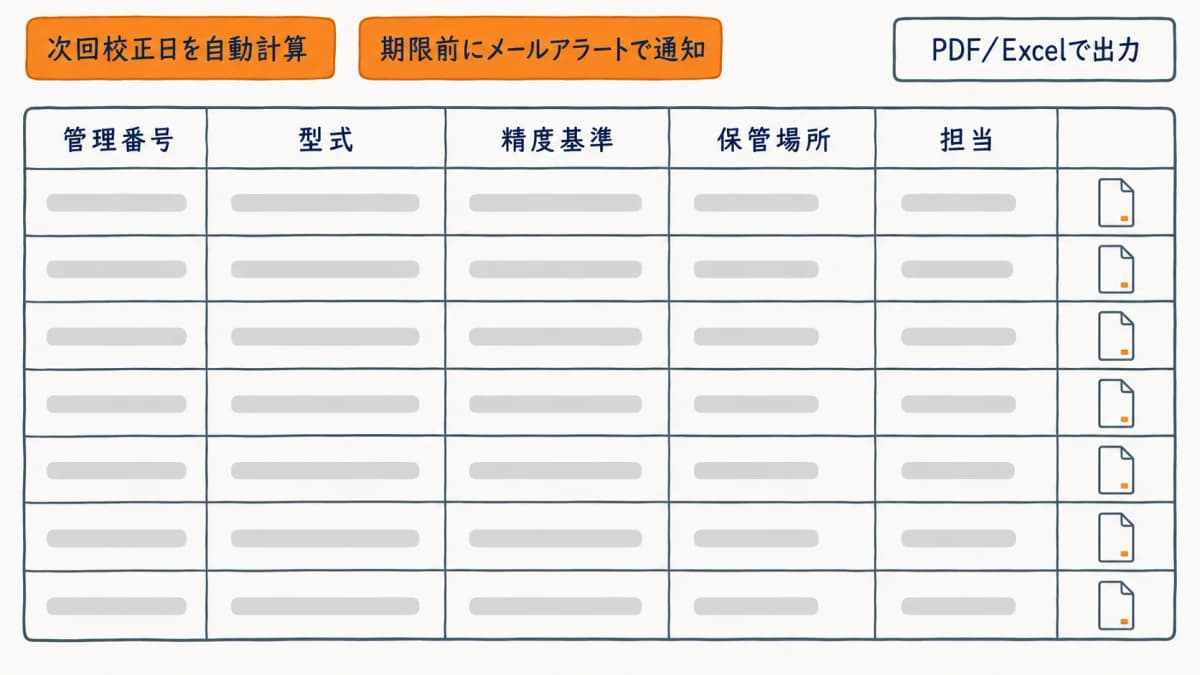 計測器台帳の各機器に校正証明書PDFを紐付けて保管する管理画面のイメージ