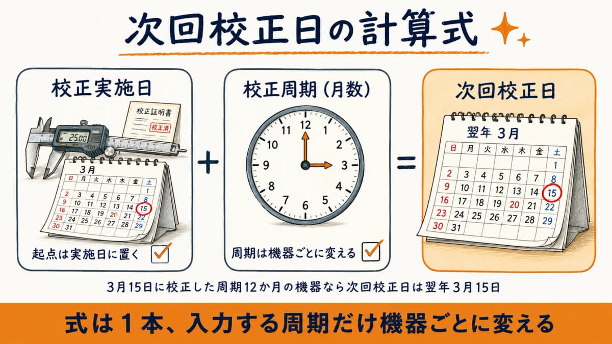 次回校正日は校正実施日に校正周期の月数を加算して算出することを示す計算式の図解