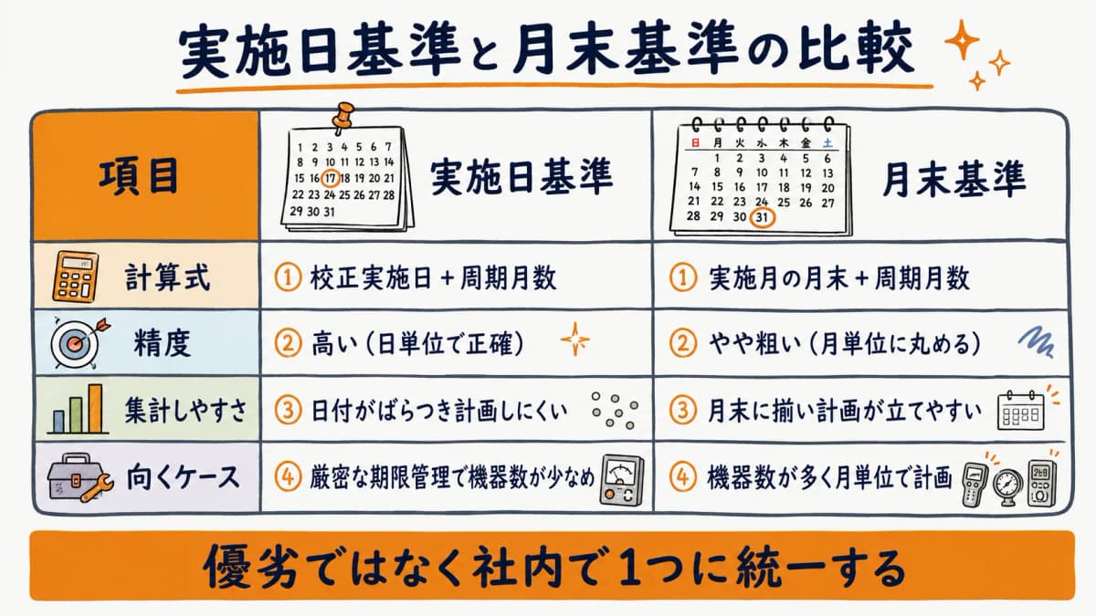 実施日基準と月末基準の2方式を計算式・精度・集計しやすさ・向くケースで比較した早見表