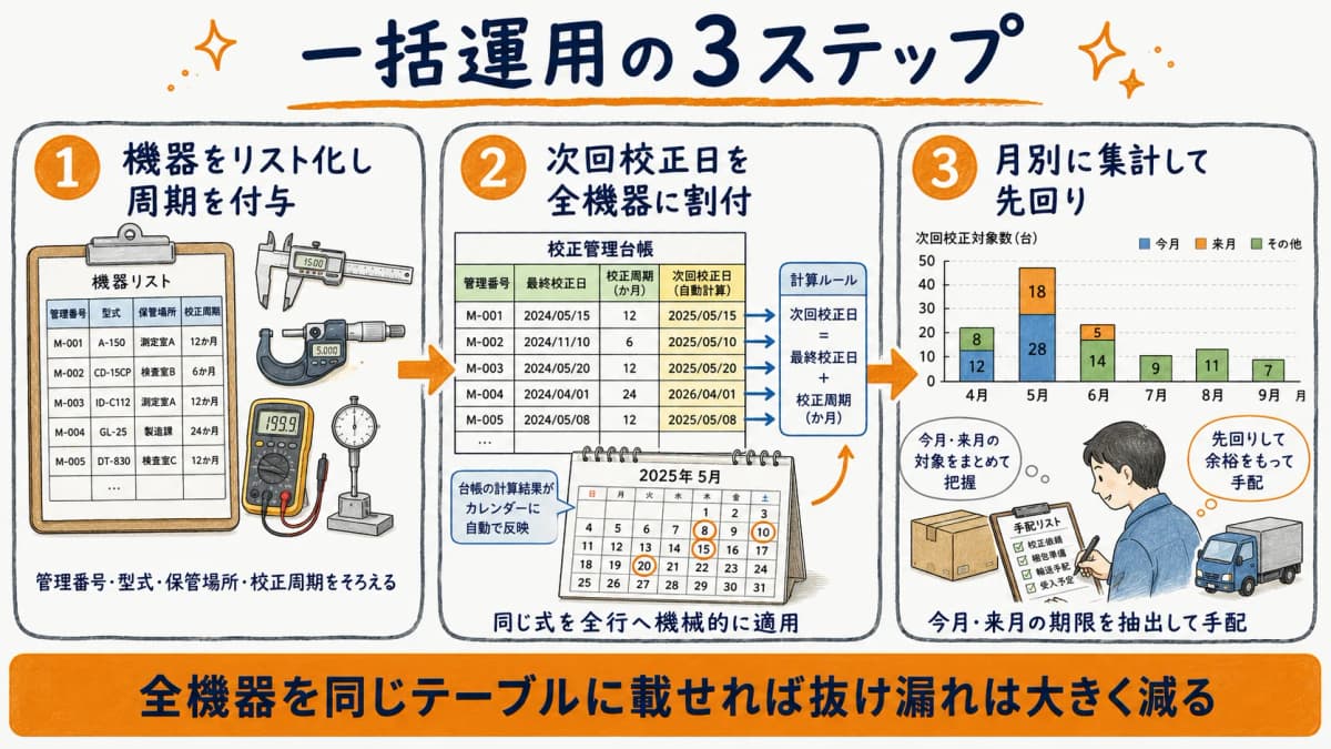 機器のリスト化から周期付与・次回校正日割付・月別集計までの一括運用3ステップを示すフロー図