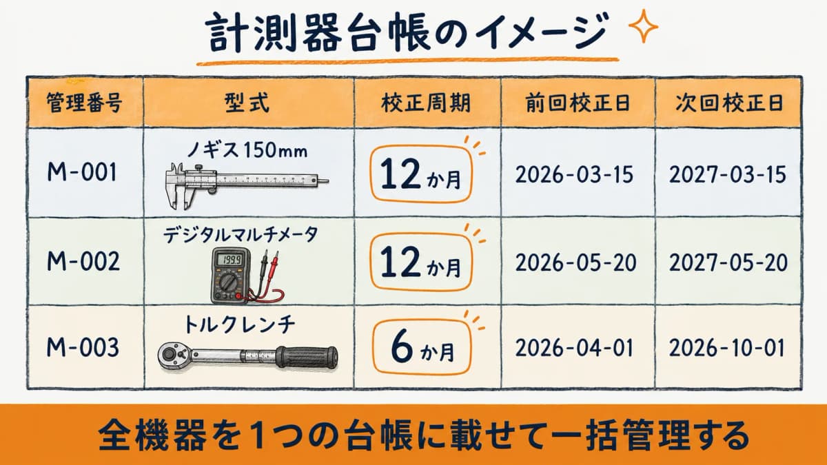 管理番号・型式・校正周期・前回校正日・次回校正日の列で構成した計測器台帳のイメージ表
