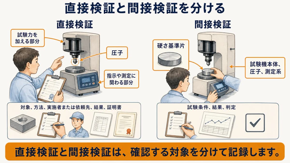 硬さ試験機の直接検証と硬さ基準片による間接検証の対象差を示す図解