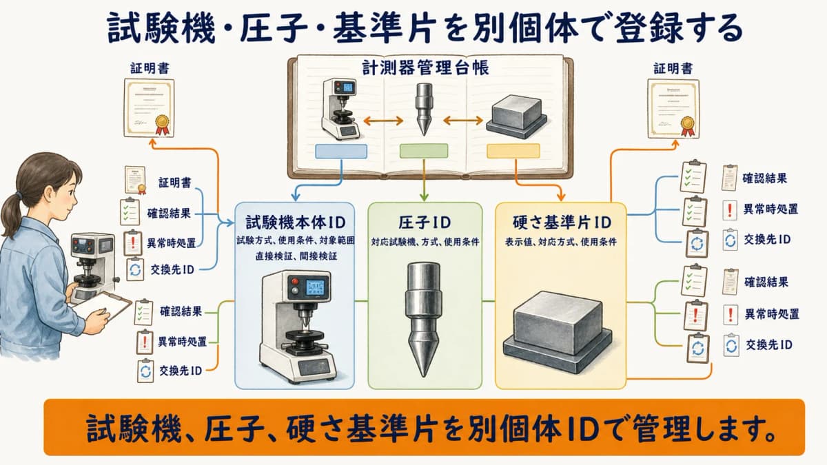 硬さ試験機本体・圧子・硬さ基準片を別個体で登録する親子台帳の図解