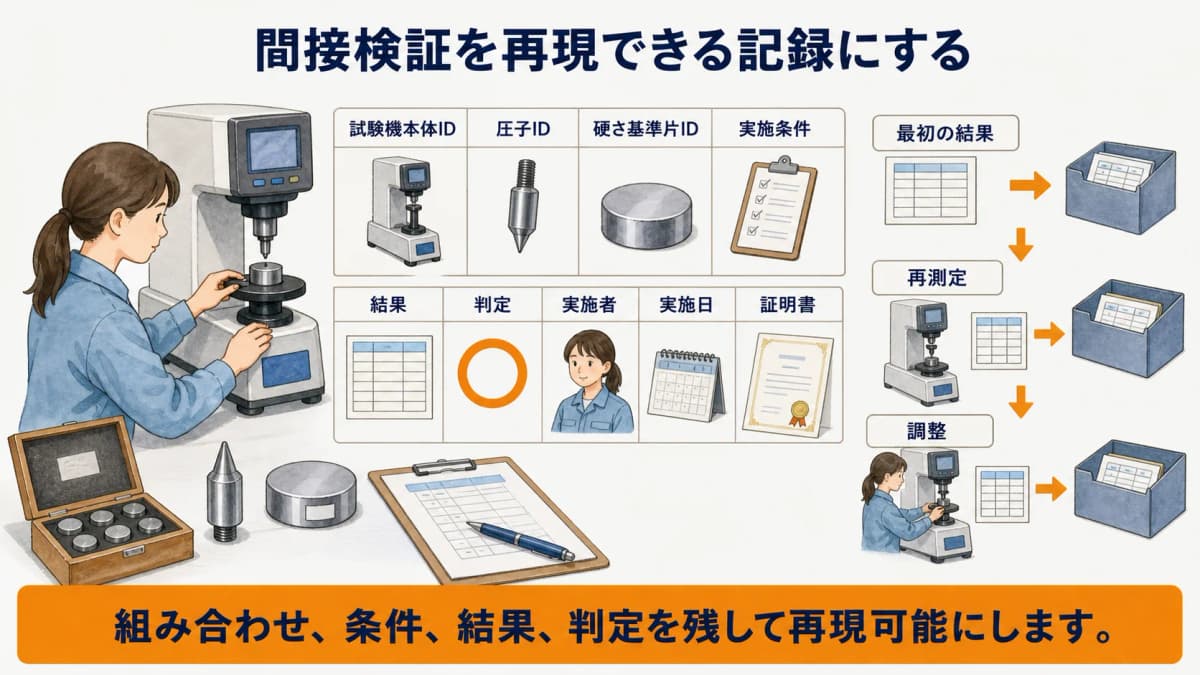 硬さ試験機の間接検証で基準片・条件・結果・判定を残す図解