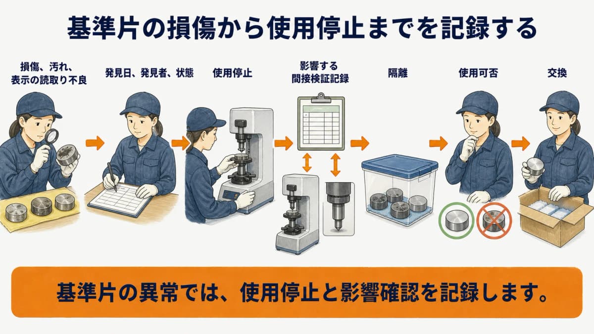 硬さ基準片の損傷発見から使用停止・交換・後継個体登録までの図解