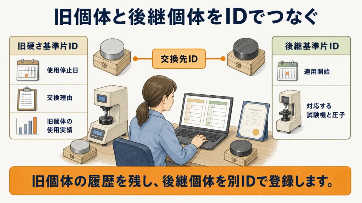 硬さ基準片の旧個体と後継個体を交換先IDでつなぐ図解