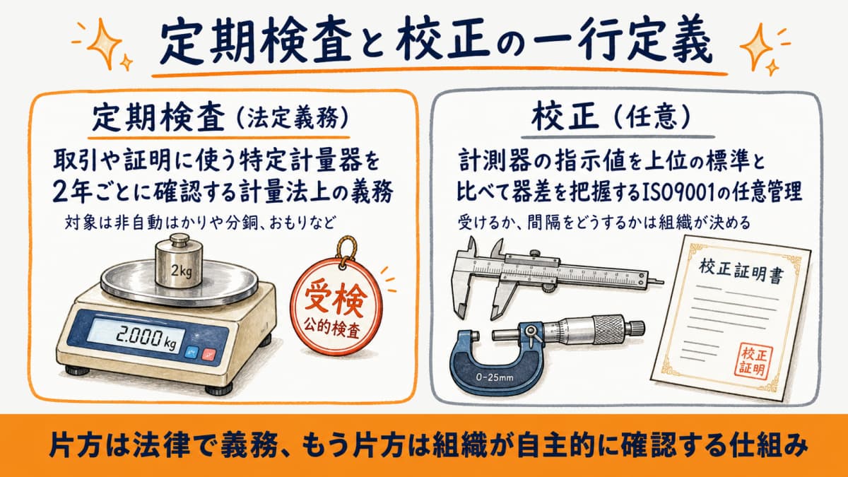 定期検査(法定義務)と校正(任意)の1行定義を左右で対比した図解