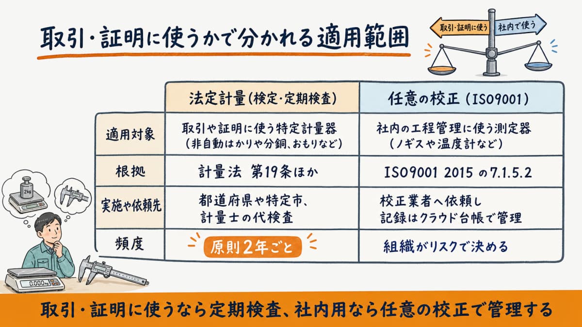 法定計量と任意校正の適用範囲を取引・証明用か否かで切り分けた早見表の図解