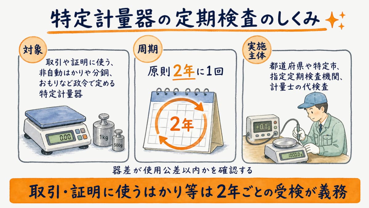 特定計量器の定期検査の対象・2年周期・実施主体(都道府県/特定市/計量士の代検査)をまとめた図解