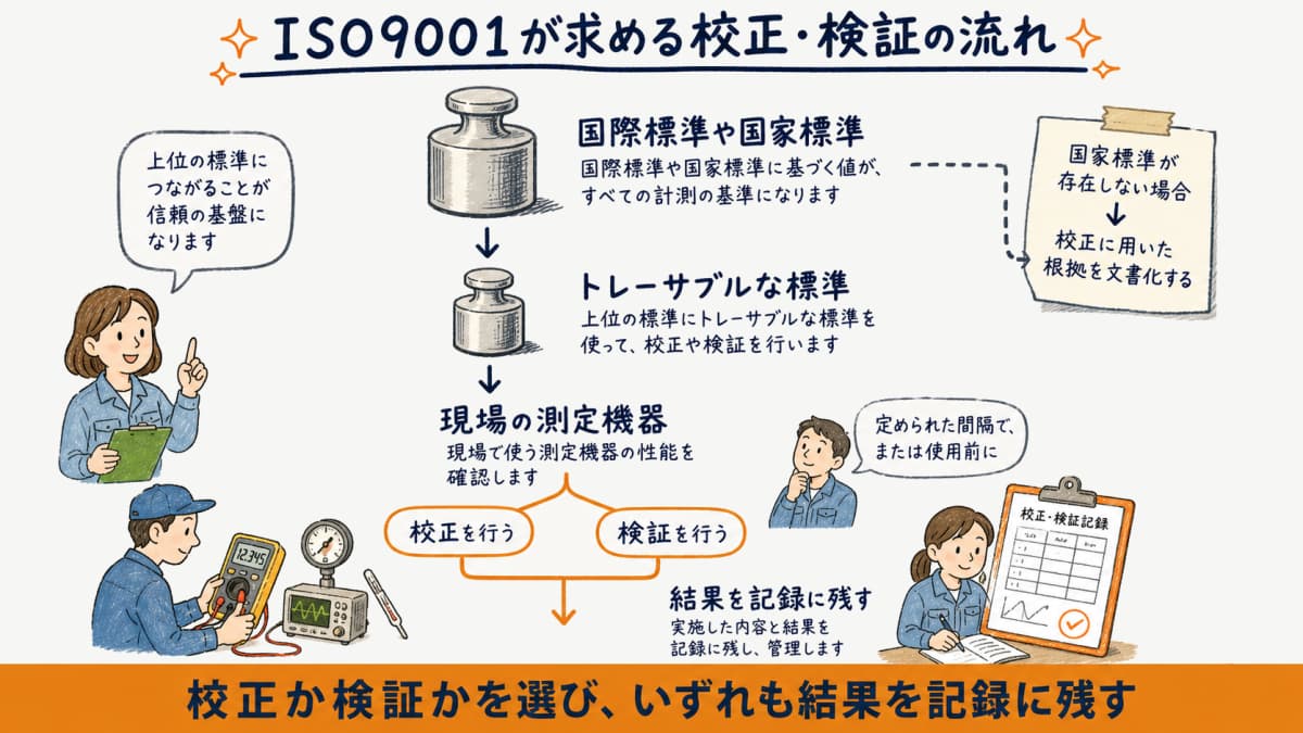 ISO9001 7.1.5.2が求めるトレーサブルな標準に照らした校正/検証の流れを示した図解