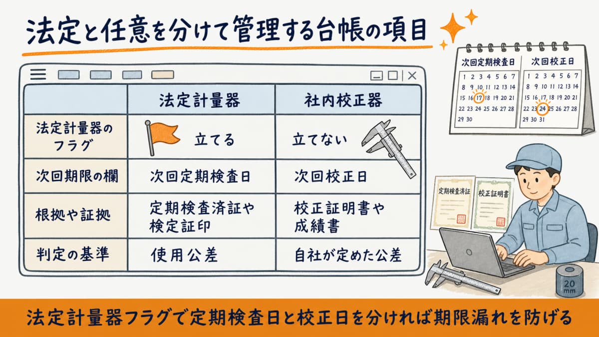 計測器台帳で法定計量器フラグと次回定期検査日・次回校正日を分けて管理する画面設計の図解