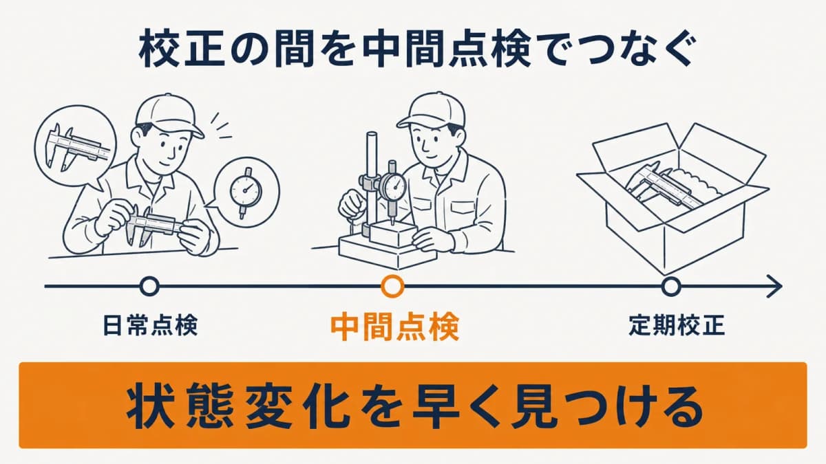 日常点検中間点検定期校正を校正周期の時間軸に並べる3層図