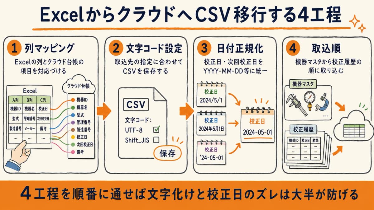 ExcelからクラウドへCSV移行する4工程フロー図。列マッピング、文字コード設定、日付正規化、取込順の順に進む様子