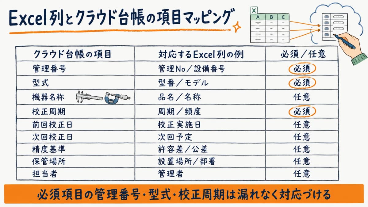 Excelの列をクラウド計測器台帳の項目(管理番号・型式・校正周期・前回校正日など)へ対応づける列マッピング表の図